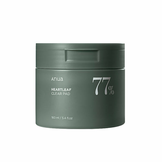 A cylindrical, matte-finish container of ANUA - Heartleaf 77% Clear Pad 70ea stands dark green with white text displaying the brand name "ANUA" and "Heartleaf 77% Clear Pad" on the front. Known for its skin soothing effects and blackhead removal properties, this product comes in a volume of 160 ml/5.4 fl.oz.