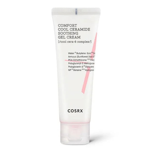 A tube of COSRX - Balancium Comfort Cool Ceramide Soothing Gel Cream 85ml, featuring a white body with black text and a pink diagonal stripe design. Formulated for skin barrier repair, this cooling gel cream lists ceramide-rich ingredients on the tube and has a white cap.