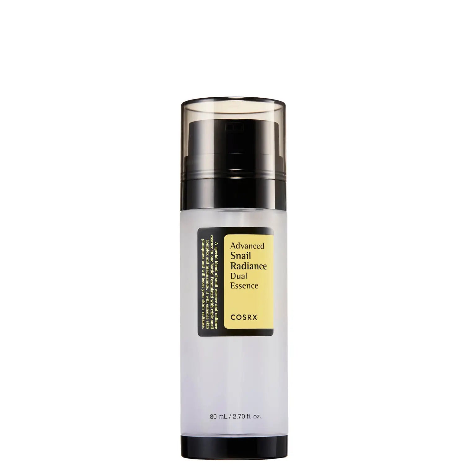 A cylindrical bottle of COSRX - Advanced Snail Radiance Dual Essence 80ml with a dual-chamber design. The translucent white bottle, topped with a black cap, contains 80 mL of hydrating snail essence. A black label on a yellow background details the product's ability to brighten and hydrate your skin.