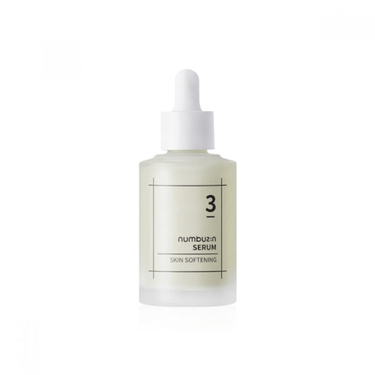 A small, frosted glass bottle with a white dropper cap containing NUMBUZIN - No. 3 Skin Softening Serum 50ml. The product is labeled for skin softening and reducing fine lines, featuring a minimalist design with black text and grid lines printed on the bottle.