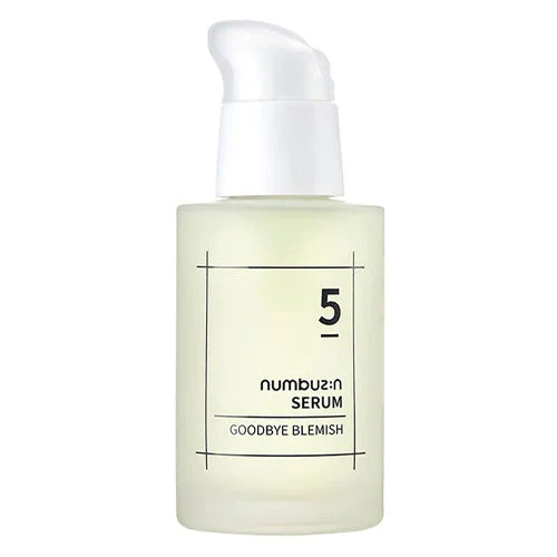 A bottle of NUMBUZIN - No. 5 Goodbye Blemish Serum 50ml from Numbuzin labeled "Goodbye Blemish" with the number 5 prominently displayed. Designed for blemish care, the bottle has a pump dispenser and a minimalistic design, featuring a pale yellow transparent body and a white cap. Perfect for those looking to brighten skin tone.