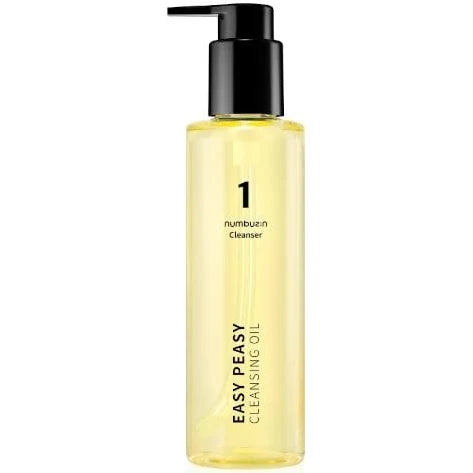 A tall, clear bottle with a black pump dispenser contains a yellow liquid. The label reads "Numbuzin No.1 Easy Peasy Cleansing Oil 200ml." Infused with corn oil, it’s a skincare product designed for cleansing, effectively removing waterproof makeup and helping to minimize blackheads.