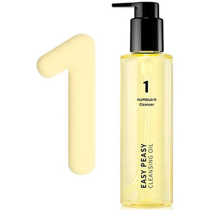 A clear bottle of "NUMBUZIN - No.1 Easy Peasy Cleansing Oil 200ml" with a black pump dispenser. The minimalist design features "Numbuzin Cleanser" in black text and a large yellow-beige number "1" to the left. Infused with naturally-derived oils, this moisturizing cleanser effortlessly removes waterproof makeup.