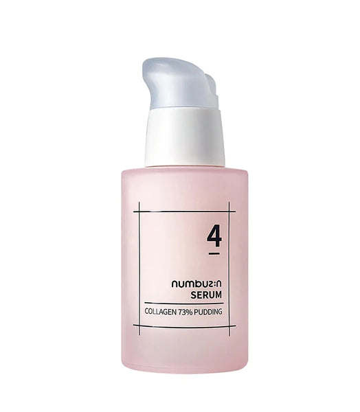 A pink bottle of NUMBUZIN - No. 4 Collagen 73% Pudding Serum 50ml is shown. The bottle, featuring a pump dispenser and labeled with the product name and a large number "4," promises anti-aging benefits. The minimalistic design highlights black lines and text on the front, emphasizing its hyaluronic acid content.
