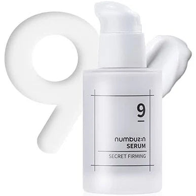 A white bottle of Numbuzin NUMBUZIN - No. 9 Secret Firming Serum 50ml with a pump dispenser. The label on the bottle features the number 9 and text in a minimalist design. A dollop of the serum enriched with peptides for improved skin elasticity, and the number 9 in a stylized font are visible in the background.