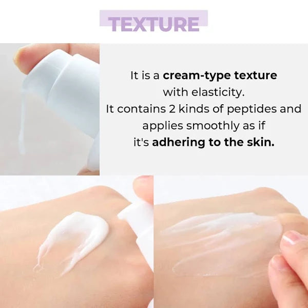 A promotional image for an anti-aging skincare product. The text reads: "TEXTURE. It is a cream-type texture with skin elasticity. It contains 2 kinds of peptides and applies smoothly as it’s adhering to the skin." The image shows NUMBUZIN - No. 9 Secret Firming Serum 50ml dispensed from a pump bottle onto a hand, from the brand Numbuzin.