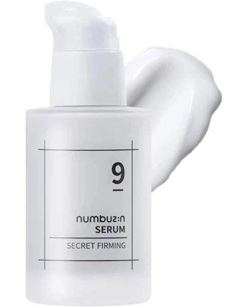 A white bottle of NUMBUZIN - No. 9 Secret Firming Serum 50ml with a pump dispenser. Featuring peptides for anti-aging benefits, the serum is squeezed out and visible against the white background. The minimalist design includes black text and lines, highlighting its focus on enhancing skin elasticity.