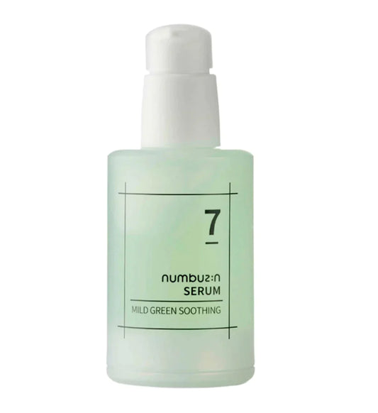 A clear bottle with a white pump dispenser contains a green-tinted liquid labeled as "NUMBUZIN - No. 7 Mild Green Soothing Serum 50ml," featuring Centella Asiatica Extract to deeply hydrate and soothe sensitive skin. The design is minimalistic, with a square outline and black text on the front.