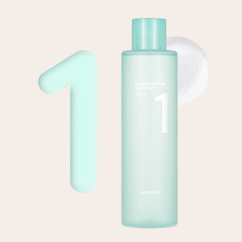 A minimally designed bottle of NUMBUZIN - No.1 Pure-Full Calming Herb Toner 300ml by Numbuzin, enriched with Cica and Licorice Root Extract, stands against a beige background. The bottle is a translucent mint green with white text. The number "1" appears largely next to it, in the same mint green color, with a dab of clear liquid nearby.