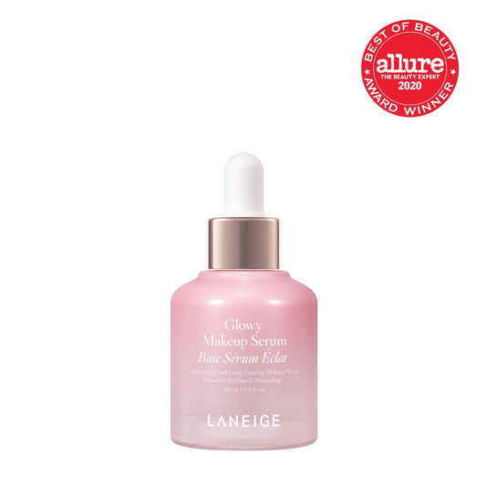 A pink bottle of LANEIGE - Glowy Makeup Serum 30ml with a white dropper cap. The lightweight serum includes text that describes its benefits and displays the size: 30 ml / 1.0 fl oz. A red, circular award badge from Allure Best of Beauty 2020 is visible in the top right corner, highlighting its luminous finish.