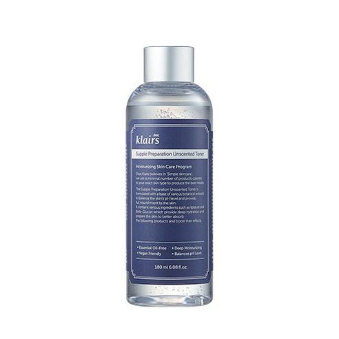 A clear bottle with a silver cap containing KLAIRS - Supple Preparation Unscented Toner 180ml. The bottle features a dark blue label with white text detailing the product information. This hydrating toner is essential oil-free, vegan-friendly, and perfect for deep moisturizing sensitive skin.