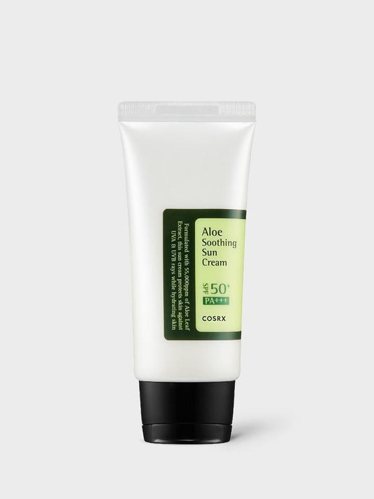 A white tube of COSRX - Aloe Soothing Sun Cream SPF50+ PA+++ 50ml on a grey background. The tube, featuring Aloe Arborescens Leaf Extract, has a green label with product details and a black screw cap. Its minimalistic design complements its lightweight moisturizing texture.