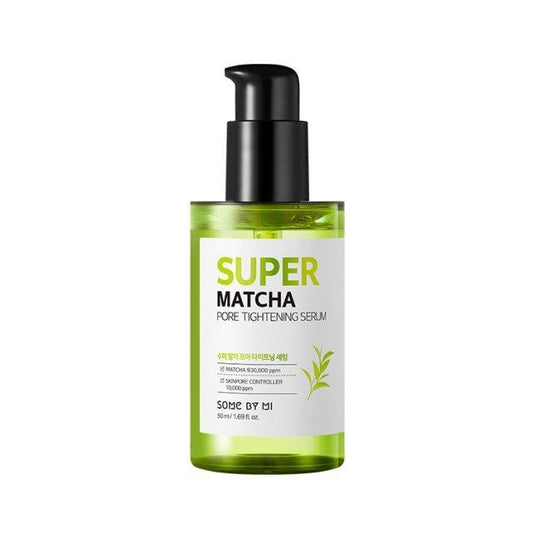 A 50ml bottle of SOME BY MI - Super Matcha Pore Tightening Serum. The green bottle with a black pump dispenser features a white label with green and black text, describing its pore-tightening benefits. Infused with Matcha Water and Anti Sebum P, this serum offers enhanced skin care.