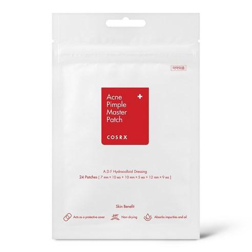 A white package labeled "COSRX - Acne Pimple Master Patch 24ea" contains 24 hydrocolloid patches in three sizes: 7mm, 10mm, and 12mm. The packaging states this acne patch acts as a protective cover, is non-drying, and absorbs impurities and oil.