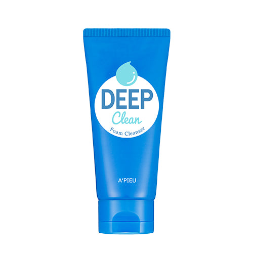 A blue tube of A'PIEU - Deep Clean Foam Cleanser 130ml with a white circle and water drop icon on the front. The product name "DEEP Clean Foam Cleanser" is written inside the circle, highlighting its unique formula infused with baking soda for an invigorating cleanse.