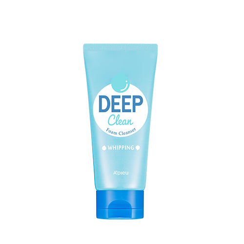 A light blue tube of A'PIEU - Deep Clean Foam Cleanser (Whipping) 130ml is against a white background. The packaging features a white and green design with a water droplet graphic, indicating it's a moisturizing foam cleanser perfect for deep cleansing.