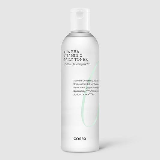 A white bottle of COSRX - Refresh AHA BHA Vitamin C Daily Toner 280ml, perfect for sensitive skin, with ingredients listed on the label including Actinidia Chinensis (Kiwi) Fruit, Pyrus Malus (Apple) Fruit Water, Niacinamide, and Sodium Lactate.