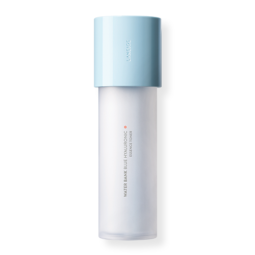 A cylindrical skincare product with a frosted white body and a light blue cap. The label reads "LANEIGE - Water Bank Blue Hyaluronic Essence Toner 160ml (Normal to Dry skin)" featuring Blue Hyaluronic Acid, making it perfect for sensitive skin. "LANEIGE" is printed vertically on the cap.