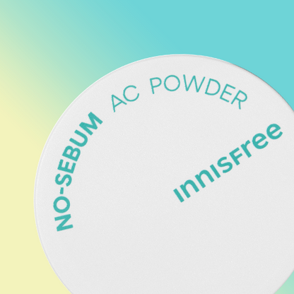 A circular white container with teal text that says "INNISFREE - No-Sebum AC Powder 5g" and "INNISFREE" on the top. The hypoallergenic powder is designed for troubled skin, with a background transitioning from mint green on the top right to pale yellow on the bottom left.